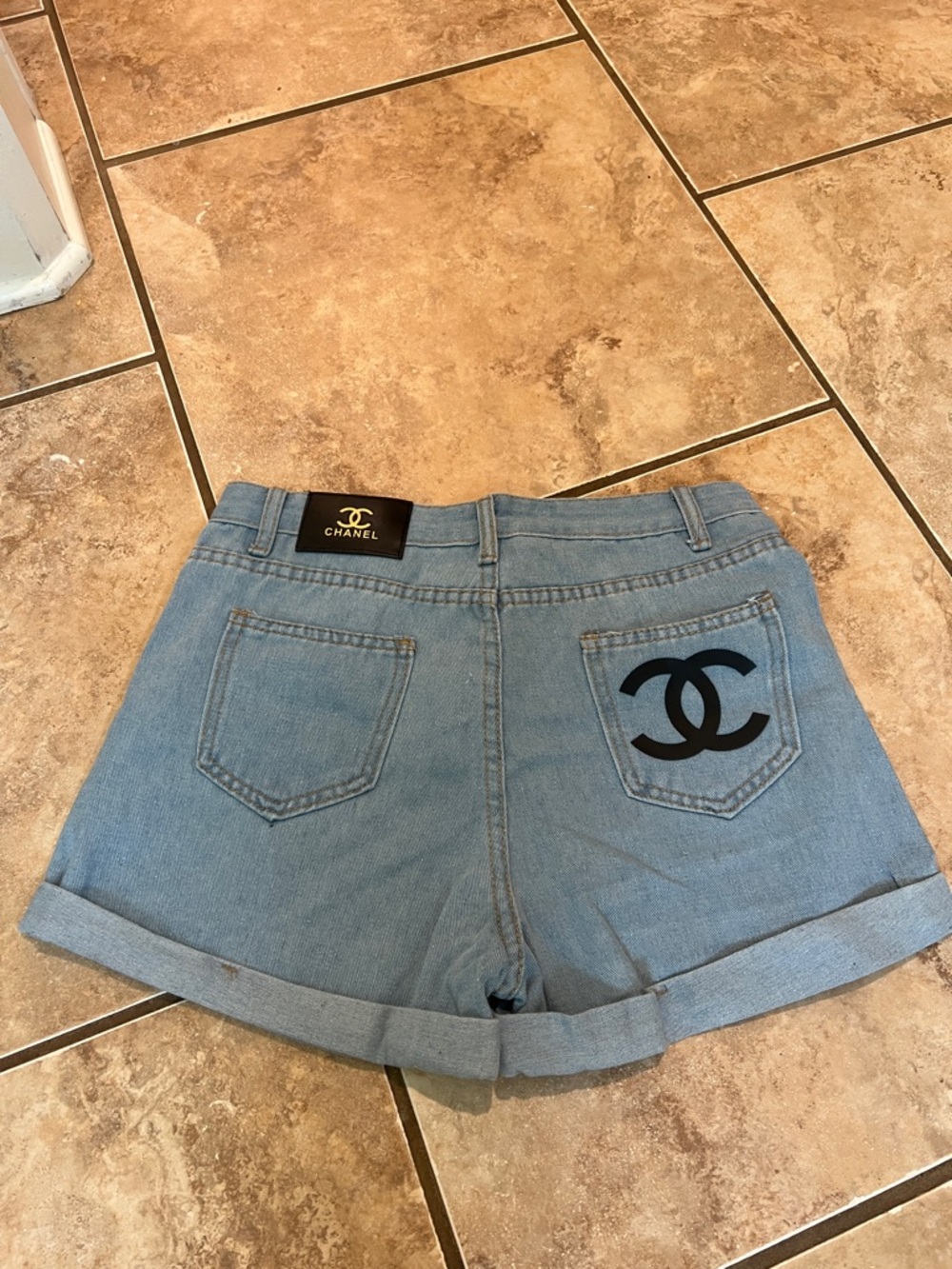 CHANEL Light Blue Denim Shorts with Black CC Logo nwt 4/26